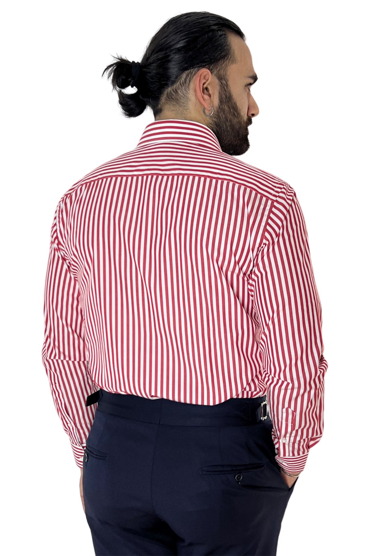 Camicia Uomo riga media 100% cotone collo semi francese Regular Fit made in italy Casual e Elegante