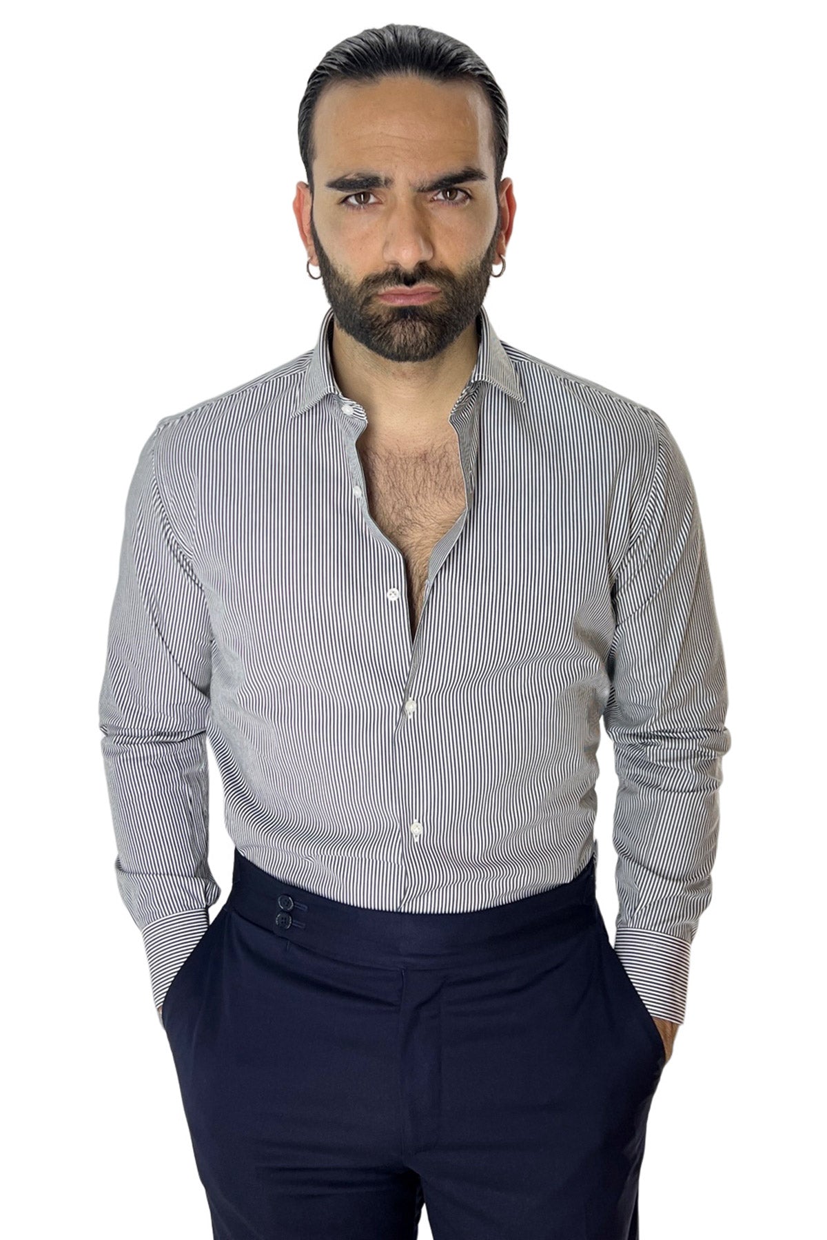 Camicia Uomo riga larga 100% cotone collo semi francese Regular Fit made in italy Casual e Elegante