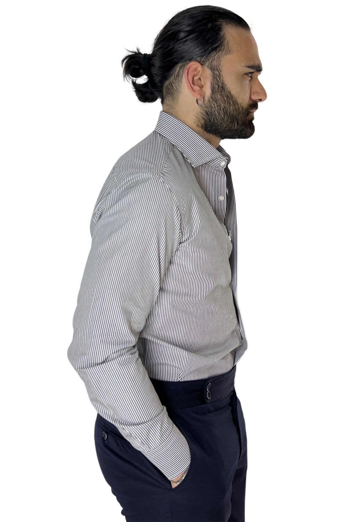 Camicia Uomo riga larga 100% cotone collo semi francese Regular Fit made in italy Casual e Elegante
