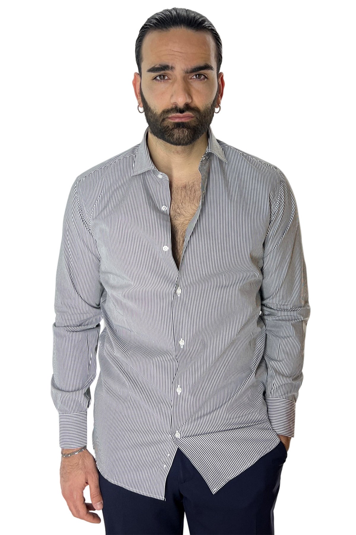 Camicia Uomo riga larga 100% cotone collo semi francese Regular Fit made in italy Casual e Elegante