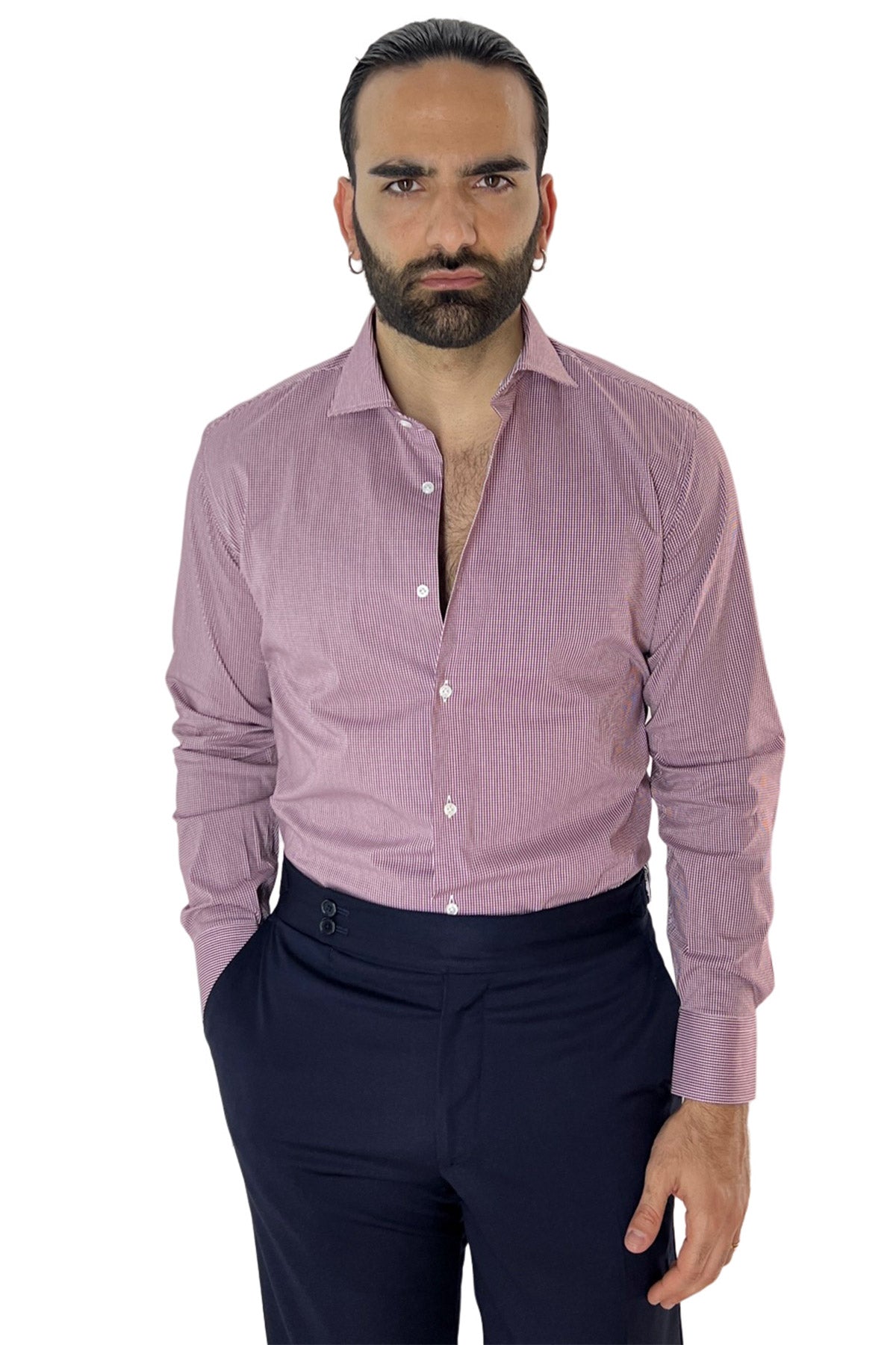 Camicia Uomo micro quadro Regular Fit Collo semi francese cotone Elasticizzata casual ed elegante
