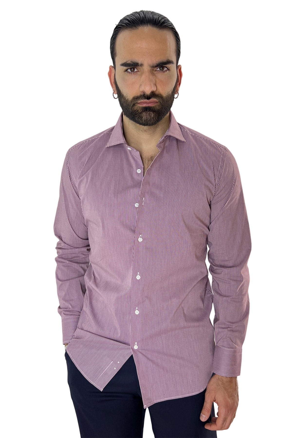 Camicia Uomo micro quadro Regular Fit Collo semi francese cotone Elasticizzata casual ed elegante