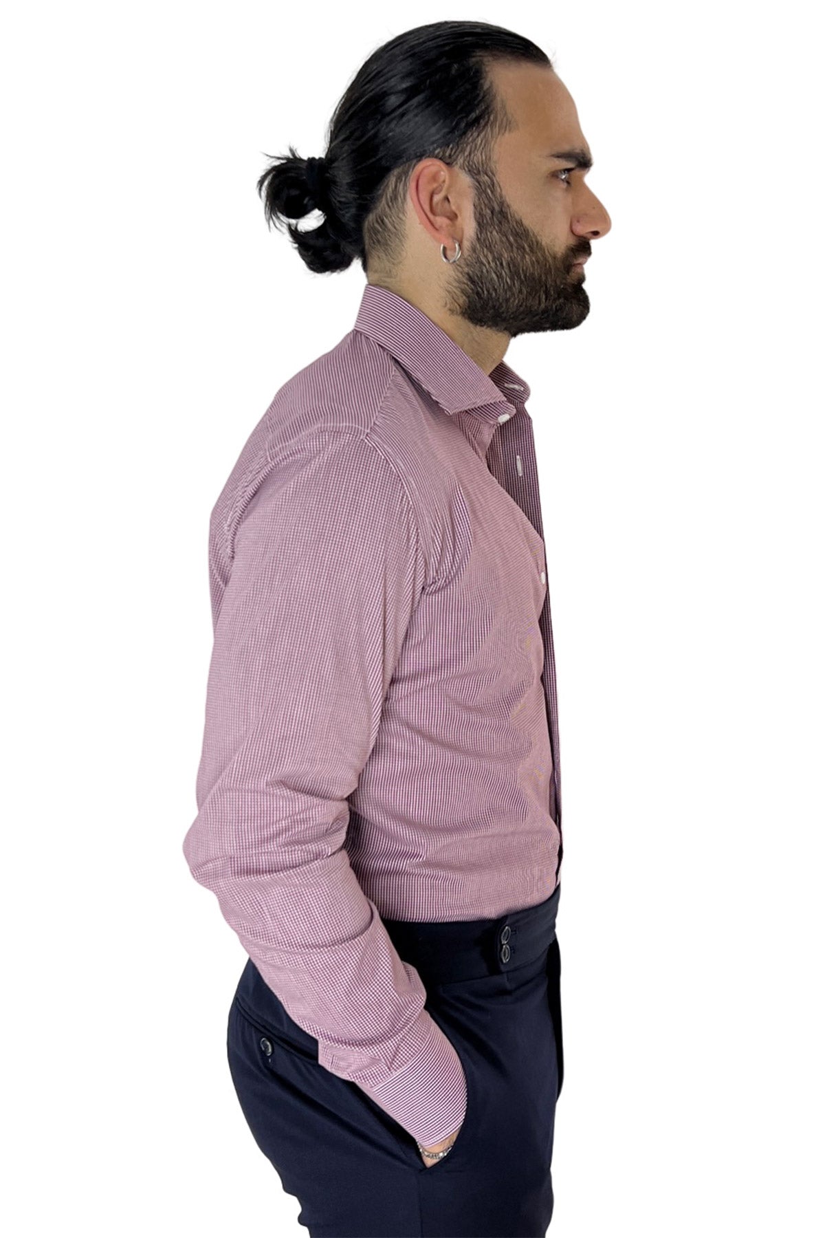 Camicia Uomo micro quadro Regular Fit Collo semi francese cotone Elasticizzata casual ed elegante