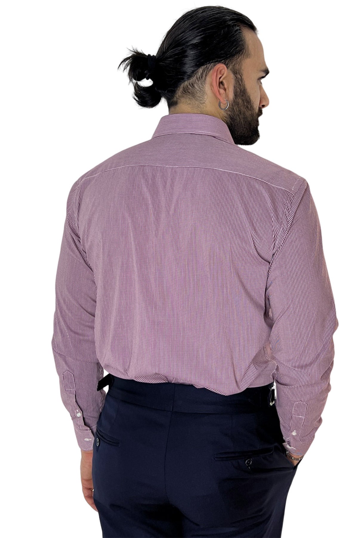 Camicia Uomo micro quadro Regular Fit Collo semi francese cotone Elasticizzata casual ed elegante