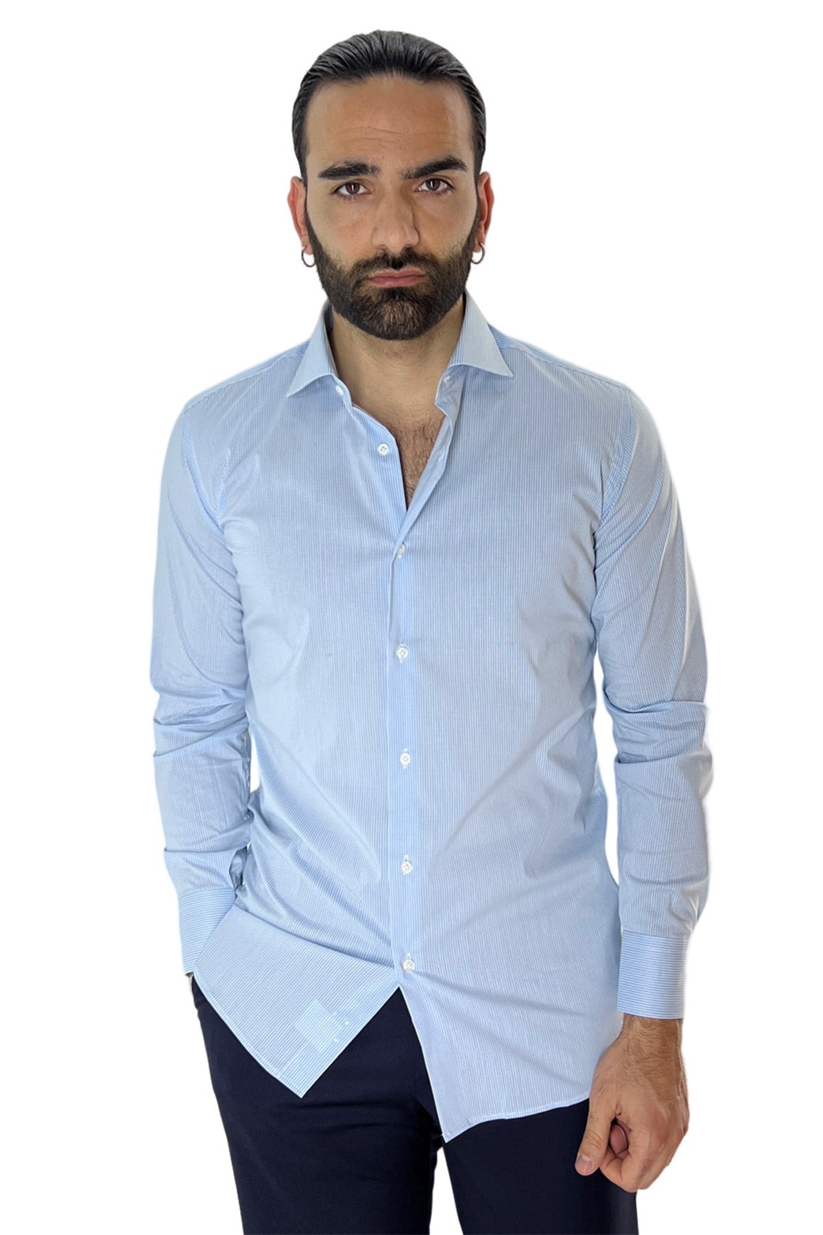 Camicia Uomo micro quadro Regular Fit Collo semi francese cotone Elasticizzata casual ed elegante