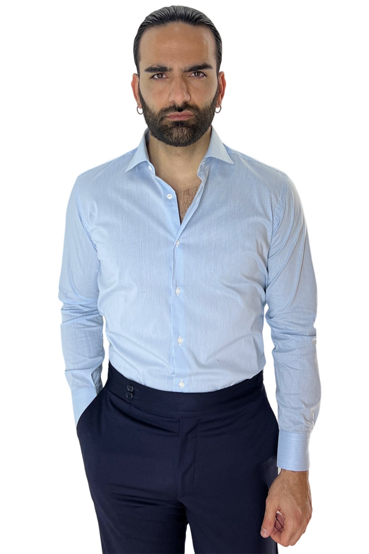 Camicia Uomo micro quadro Regular Fit Collo semi francese cotone Elasticizzata casual ed elegante