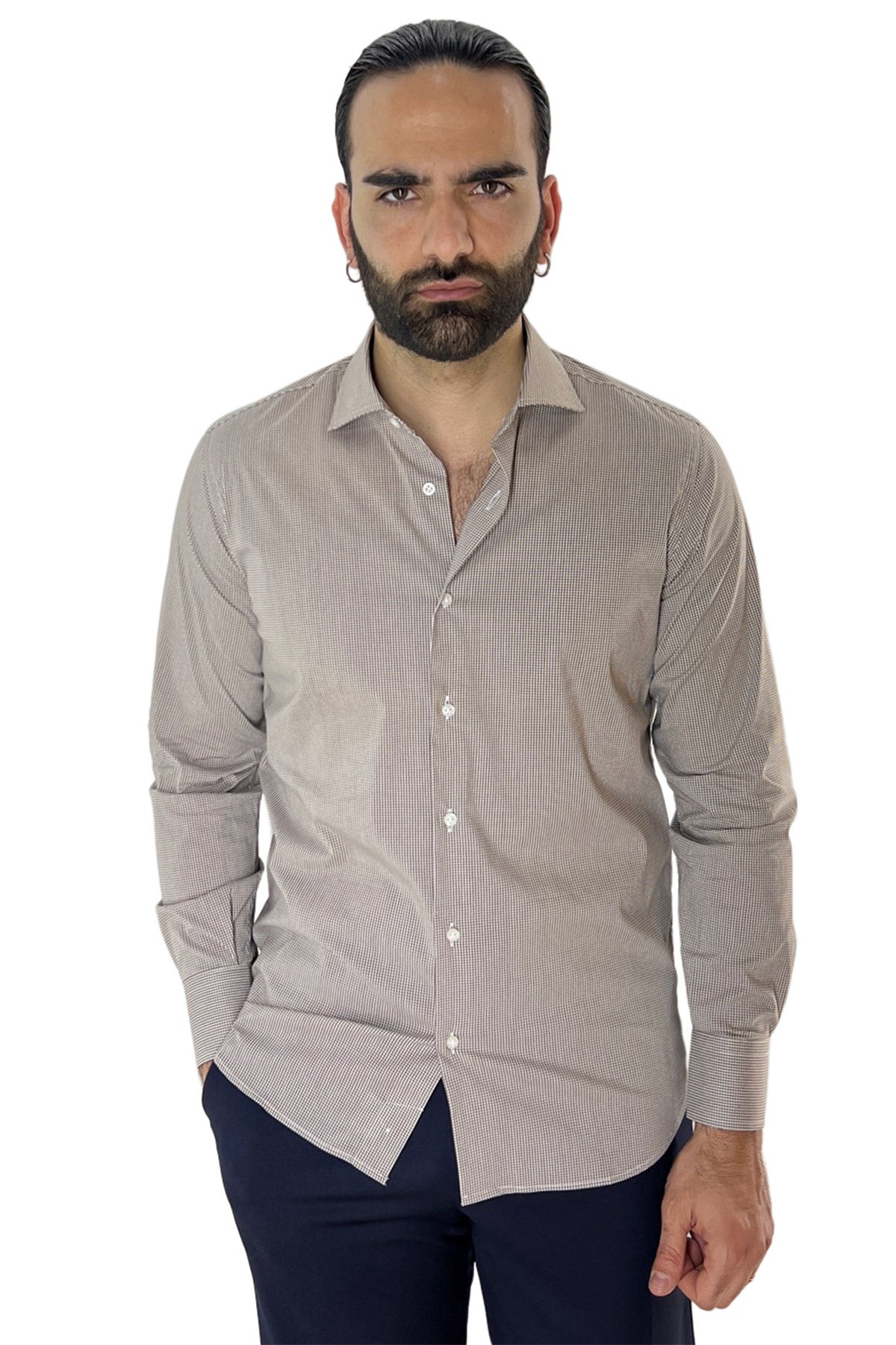Camicia Uomo micro quadro Regular Fit Collo semi francese cotone Elasticizzata casual ed elegante