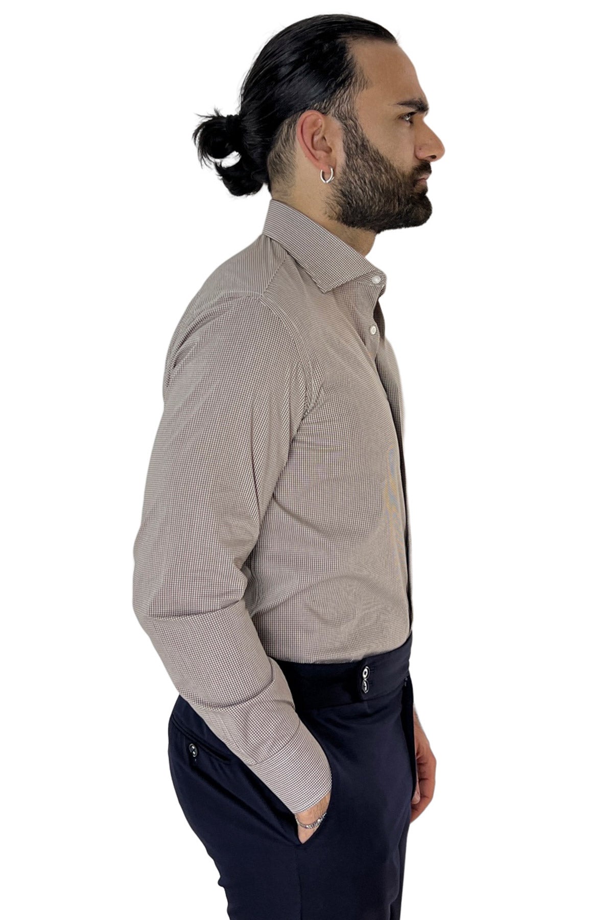 Camicia Uomo micro quadro Regular Fit Collo semi francese cotone Elasticizzata casual ed elegante