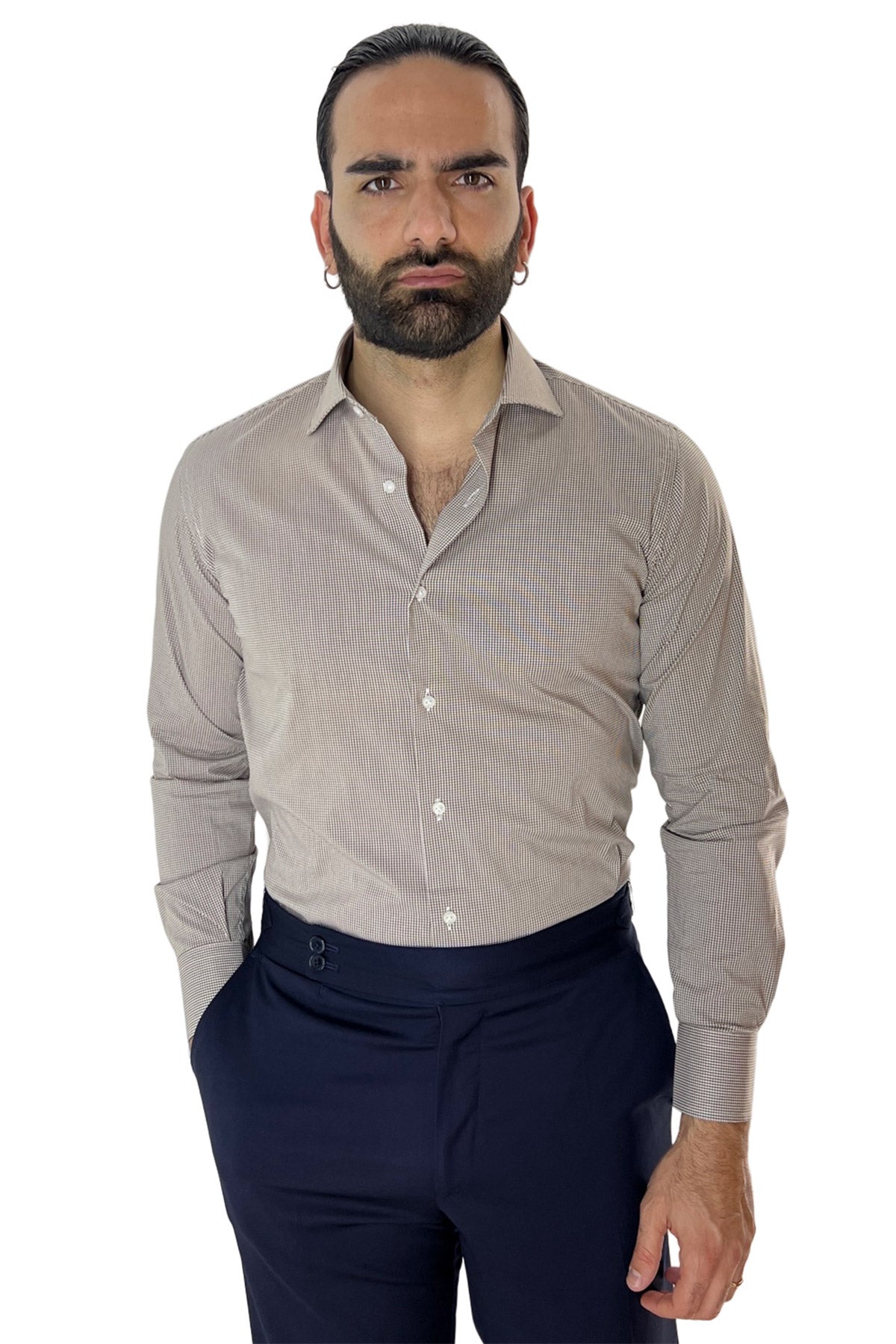 Camicia Uomo micro quadro Regular Fit Collo semi francese cotone Elasticizzata casual ed elegante