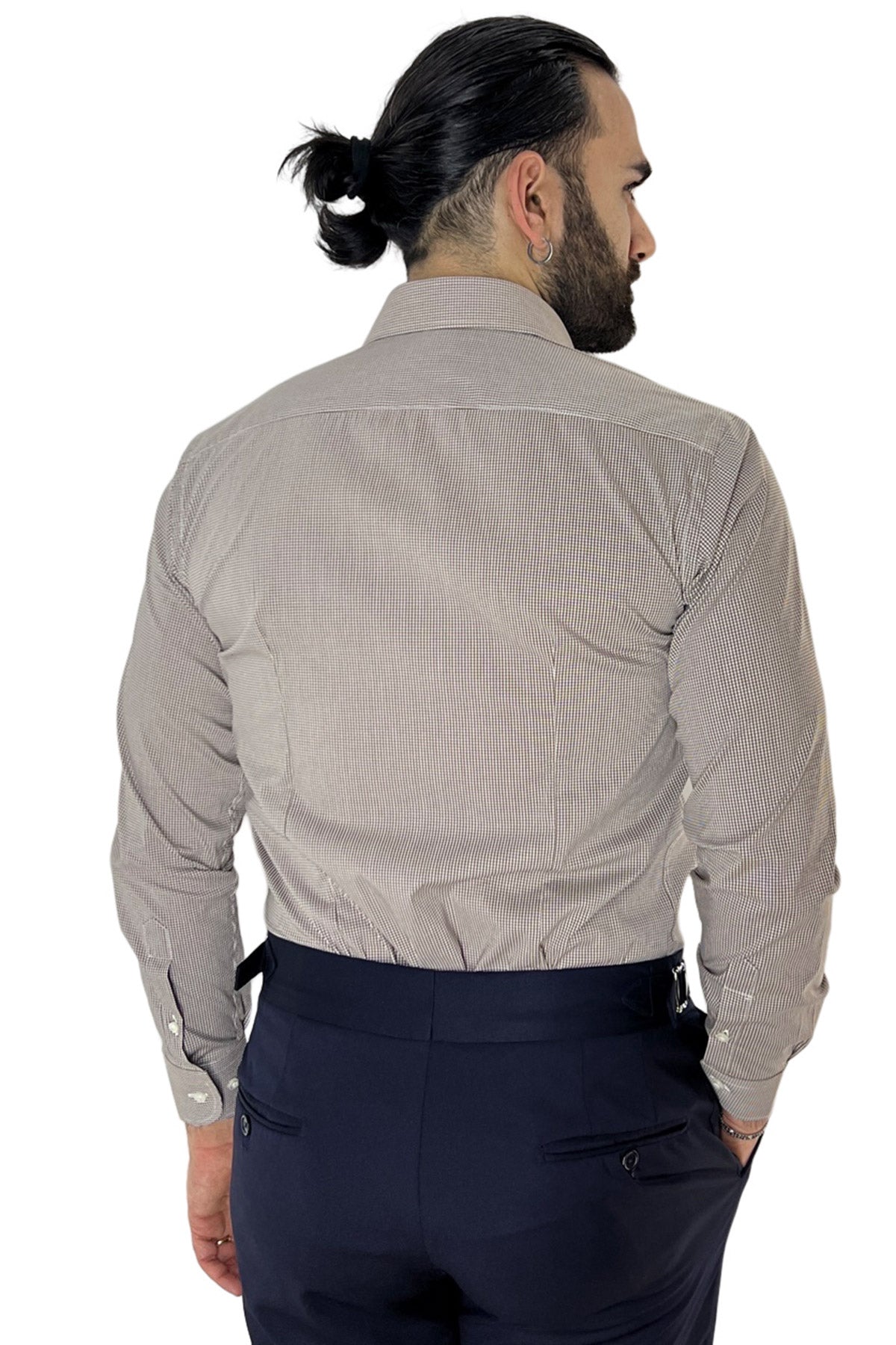 Camicia Uomo micro quadro Regular Fit Collo semi francese cotone Elasticizzata casual ed elegante