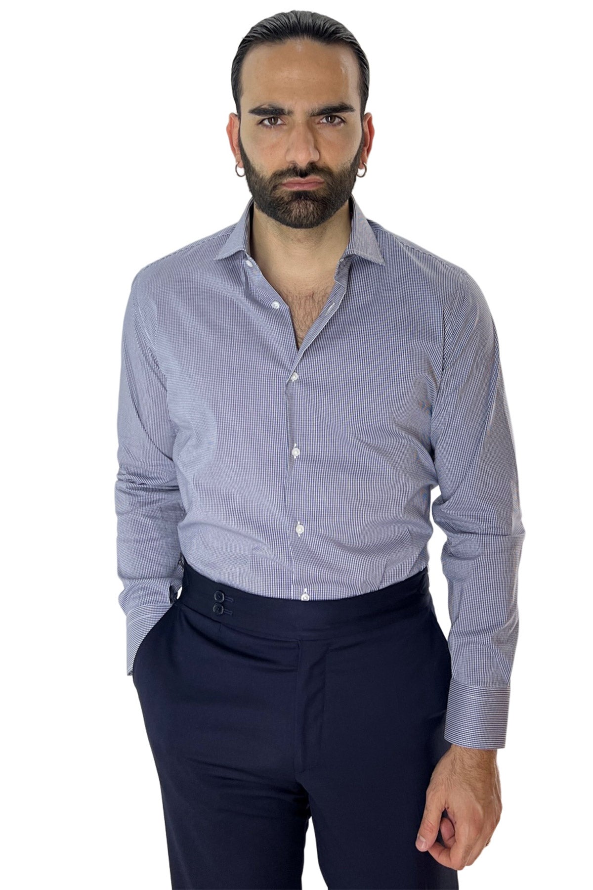 Camicia Uomo micro quadro Regular Fit Collo semi francese cotone Elasticizzata casual ed elegante