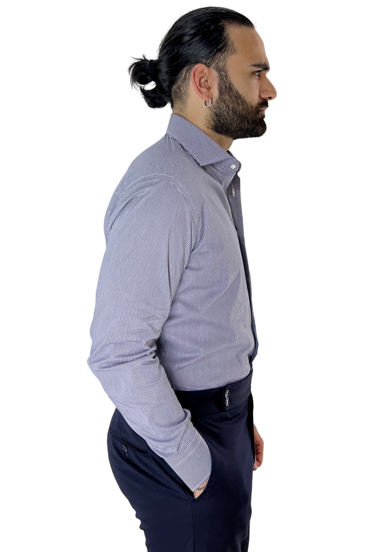 Camicia Uomo micro quadro Regular Fit Collo semi francese cotone Elasticizzata casual ed elegante