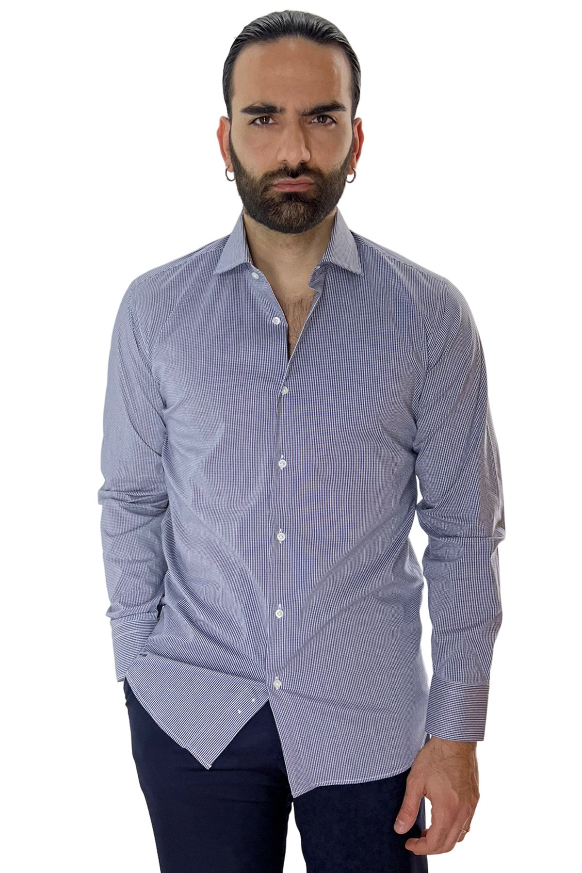 Camicia Uomo micro quadro Regular Fit Collo semi francese cotone Elasticizzata casual ed elegante