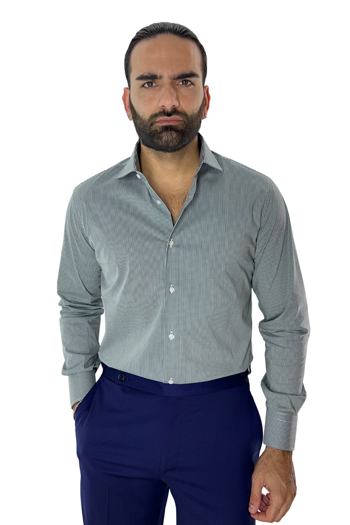 Camicia Uomo micro quadro Regular Fit Collo semi francese cotone Elasticizzata casual ed elegante