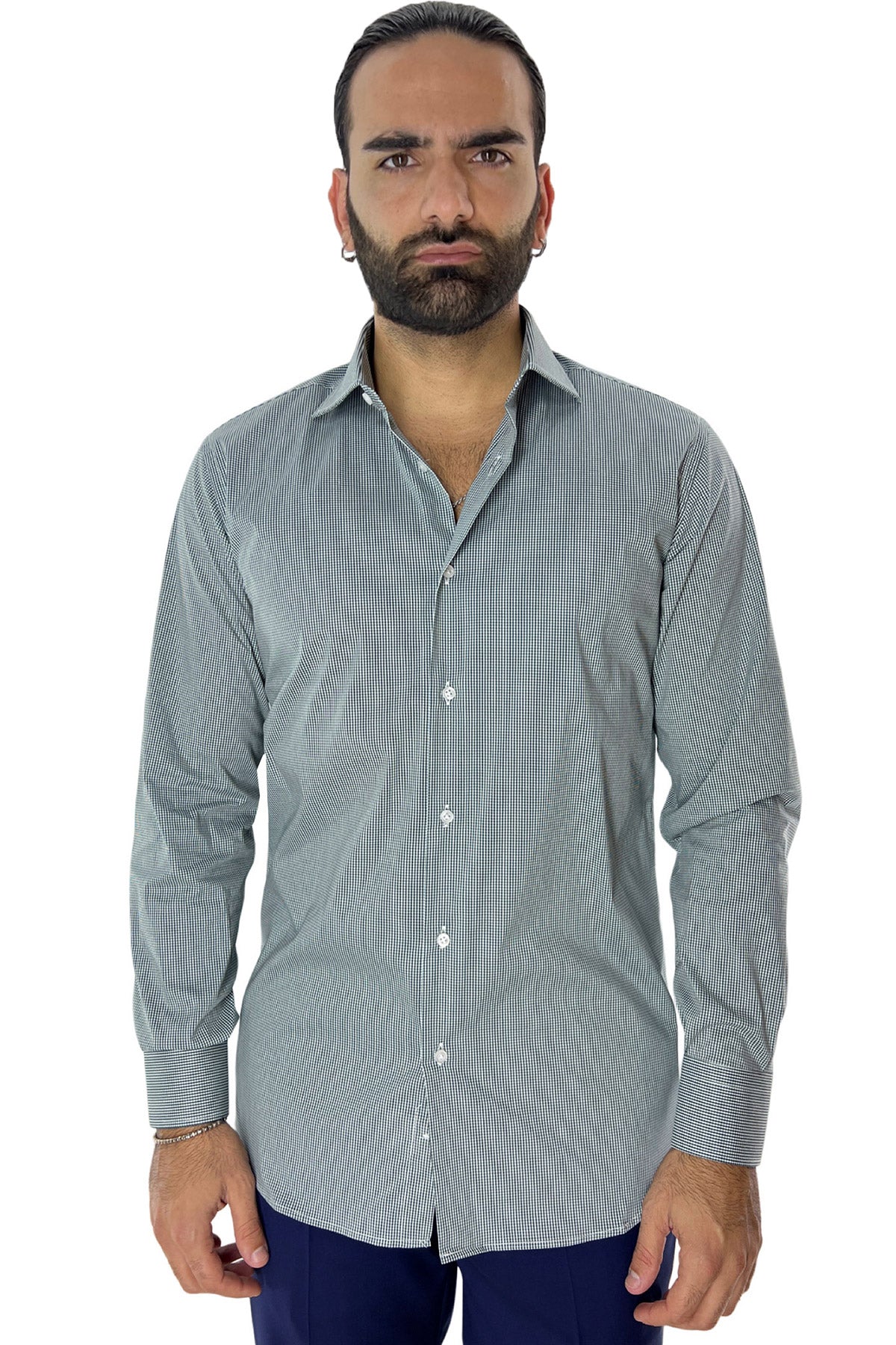 Camicia Uomo micro quadro Regular Fit Collo semi francese cotone Elasticizzata casual ed elegante