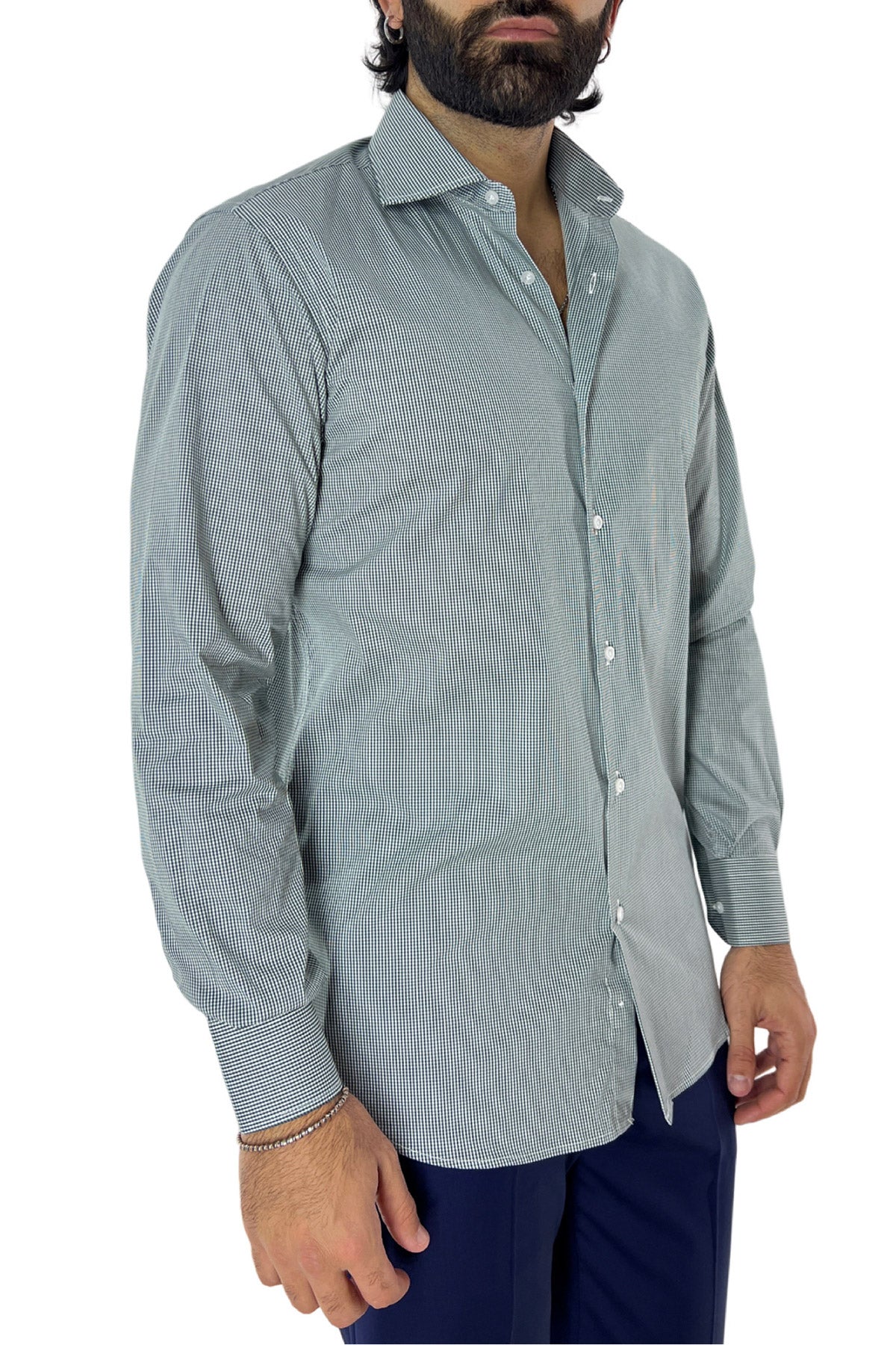 Camicia Uomo micro quadro Regular Fit Collo semi francese cotone Elasticizzata casual ed elegante