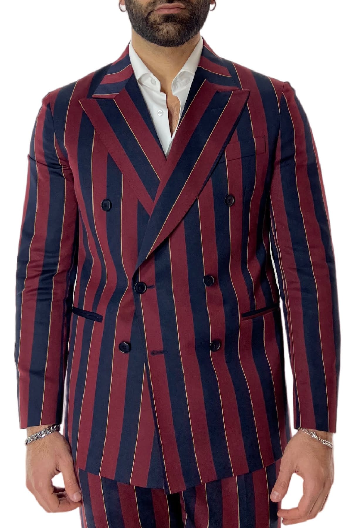 Giacca uomo doppiopetto bordeaux riga blu in fresco lana 120's Holland & Sherry