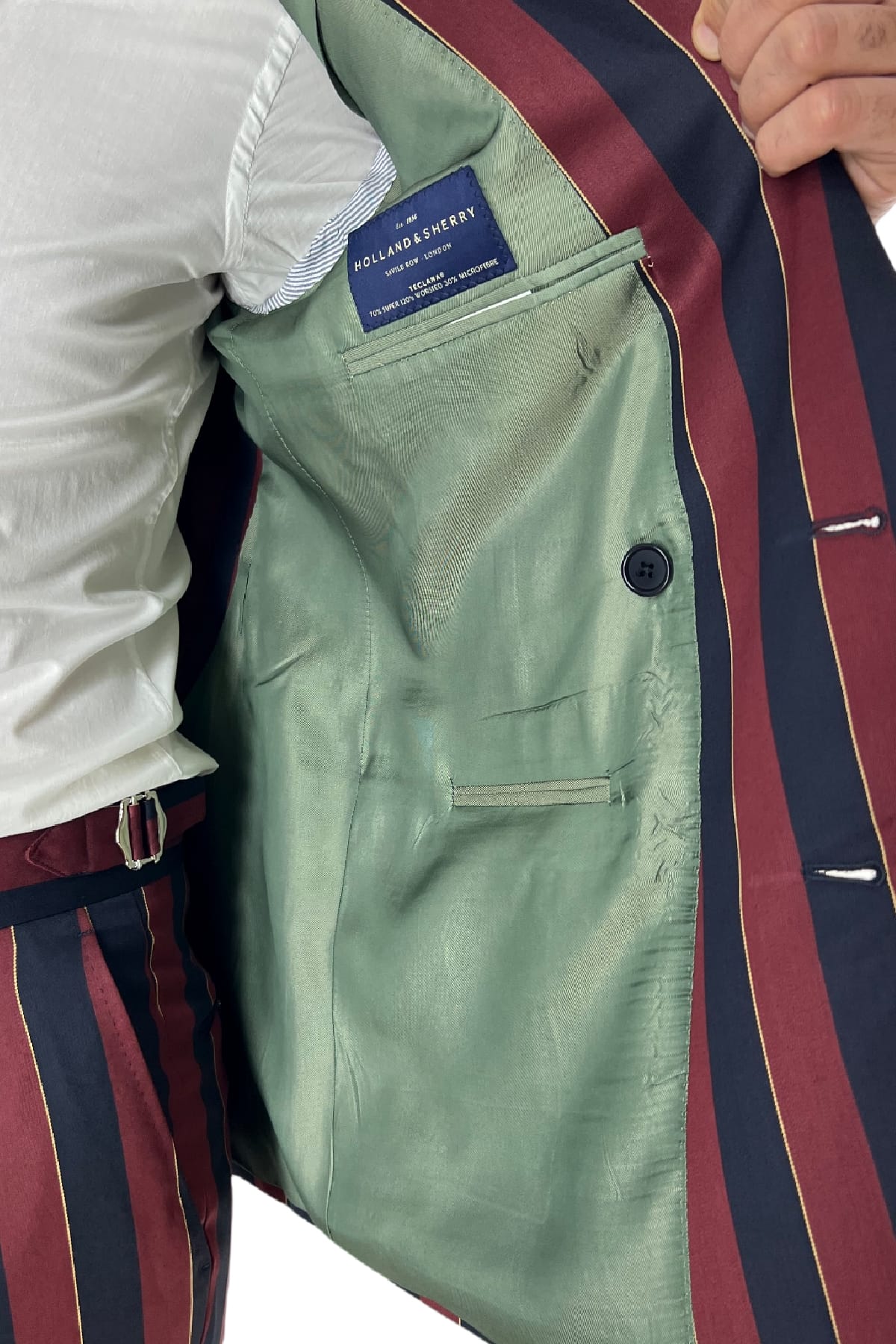 Giacca uomo doppiopetto bordeaux riga blu in fresco lana 120's Holland & Sherry