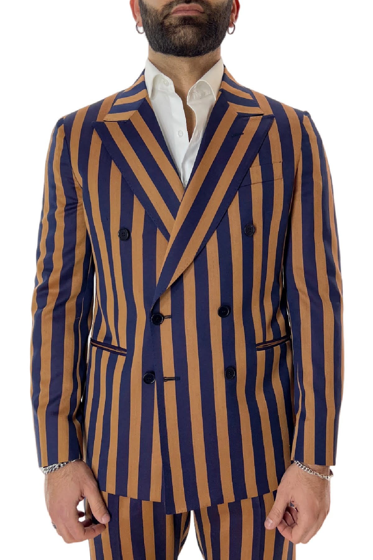 Giacca uomo doppiopetto arancio riga blu in fresco lana 120's Holland & Sherry