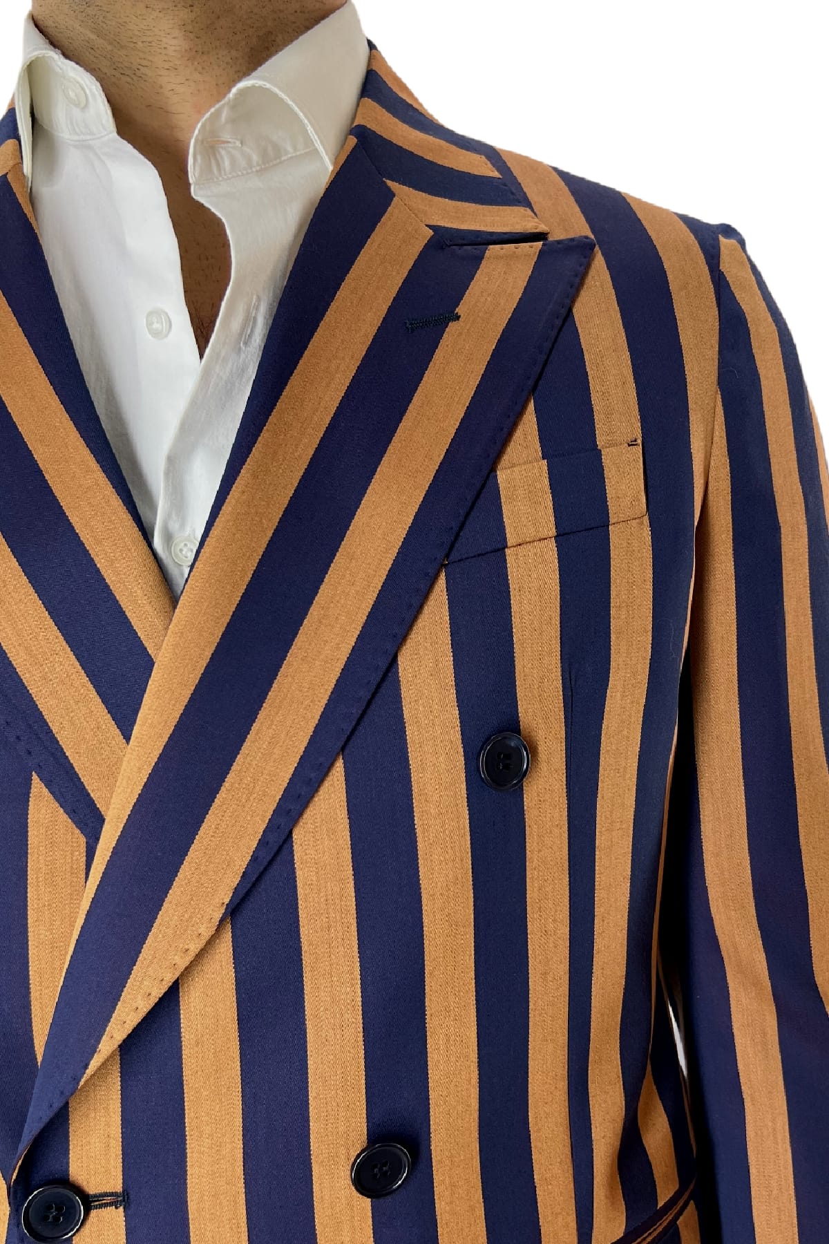 Giacca uomo doppiopetto arancio riga blu in fresco lana 120's Holland & Sherry