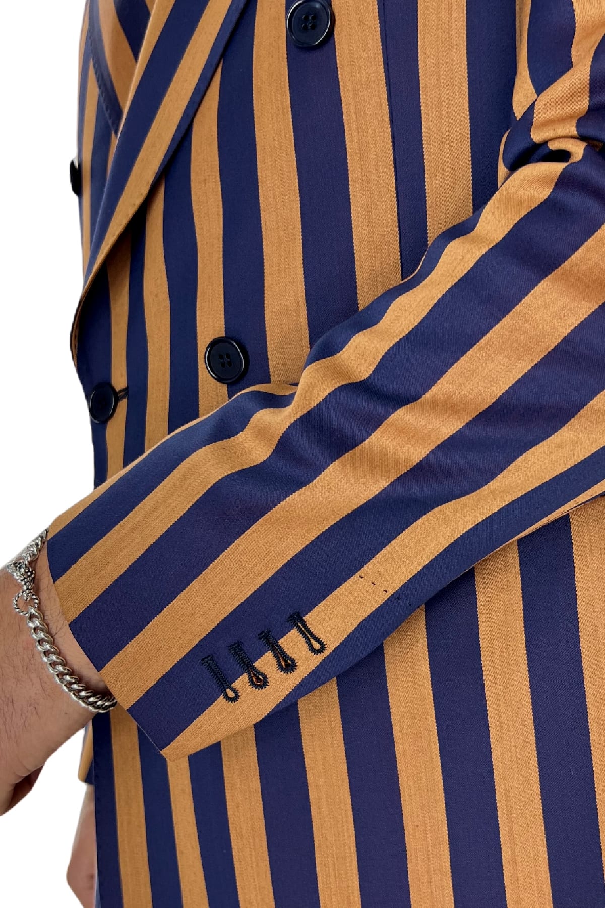 Giacca uomo doppiopetto arancio riga blu in fresco lana 120's Holland & Sherry