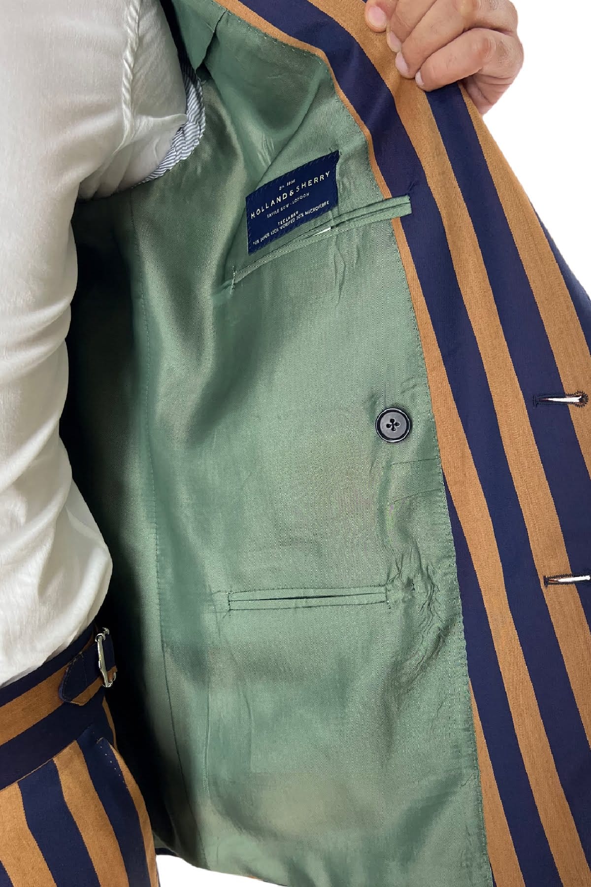 Giacca uomo doppiopetto arancio riga blu in fresco lana 120's Holland & Sherry