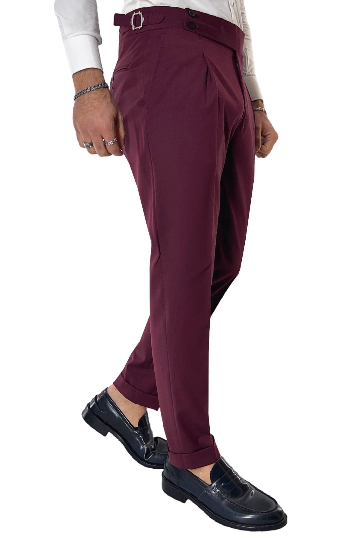 Pantalone uomo Bordeaux in fresco lana tinta unita vita alta con pinces fibbie laterali e risvolto 4cm