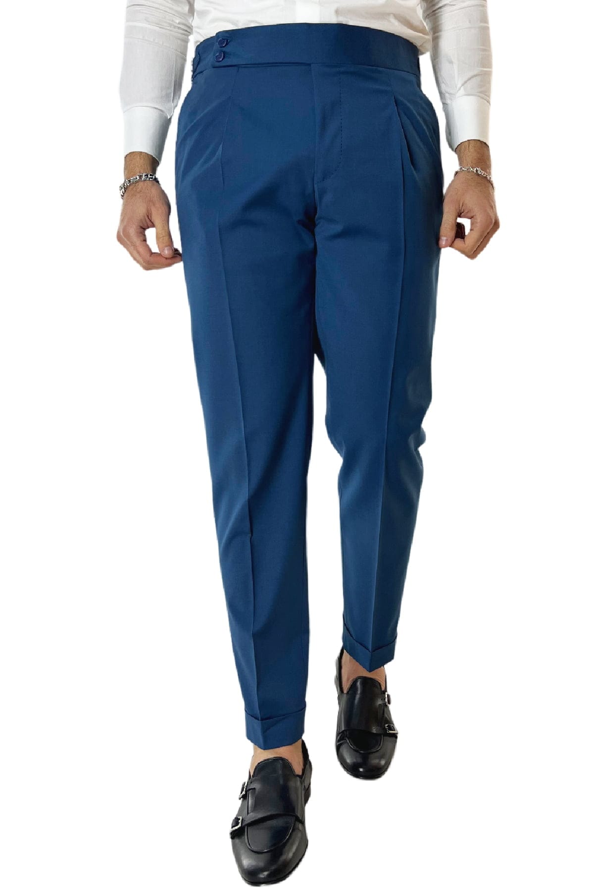 Pantalone uomo royal blu in fresco lana tinta unita vita alta con pinces fibbie laterali e risvolto 4cm
