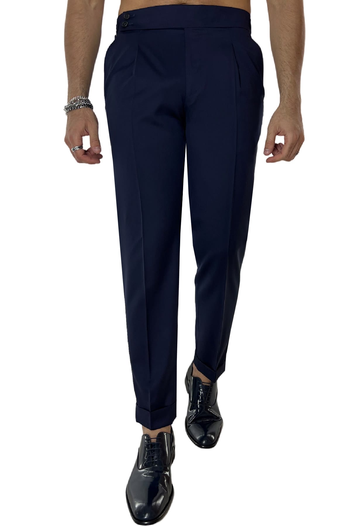 Pantalone uomo blu nido d'ape in lana 240 grammi Vitale Barberis vita alta con pinces fibbie laterali e risvolto 4cm