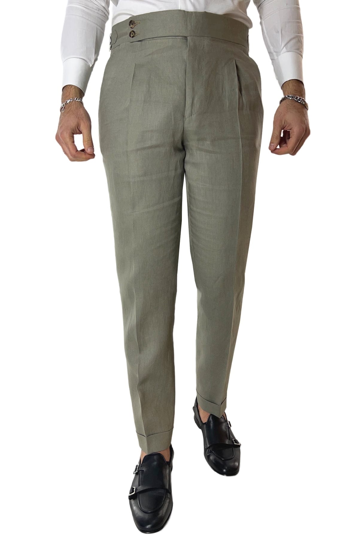Pantalone uomo verde militare in lino 100% vita alta con pinces fibbie laterali e risvolto 4cm