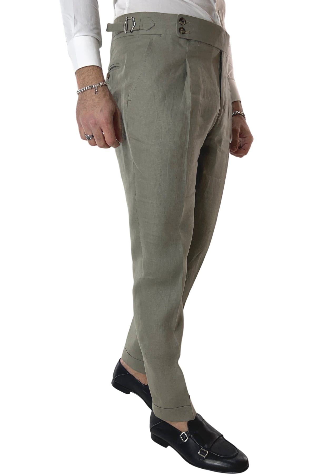 Pantalone uomo verde militare in lino 100% vita alta con pinces fibbie laterali e risvolto 4cm