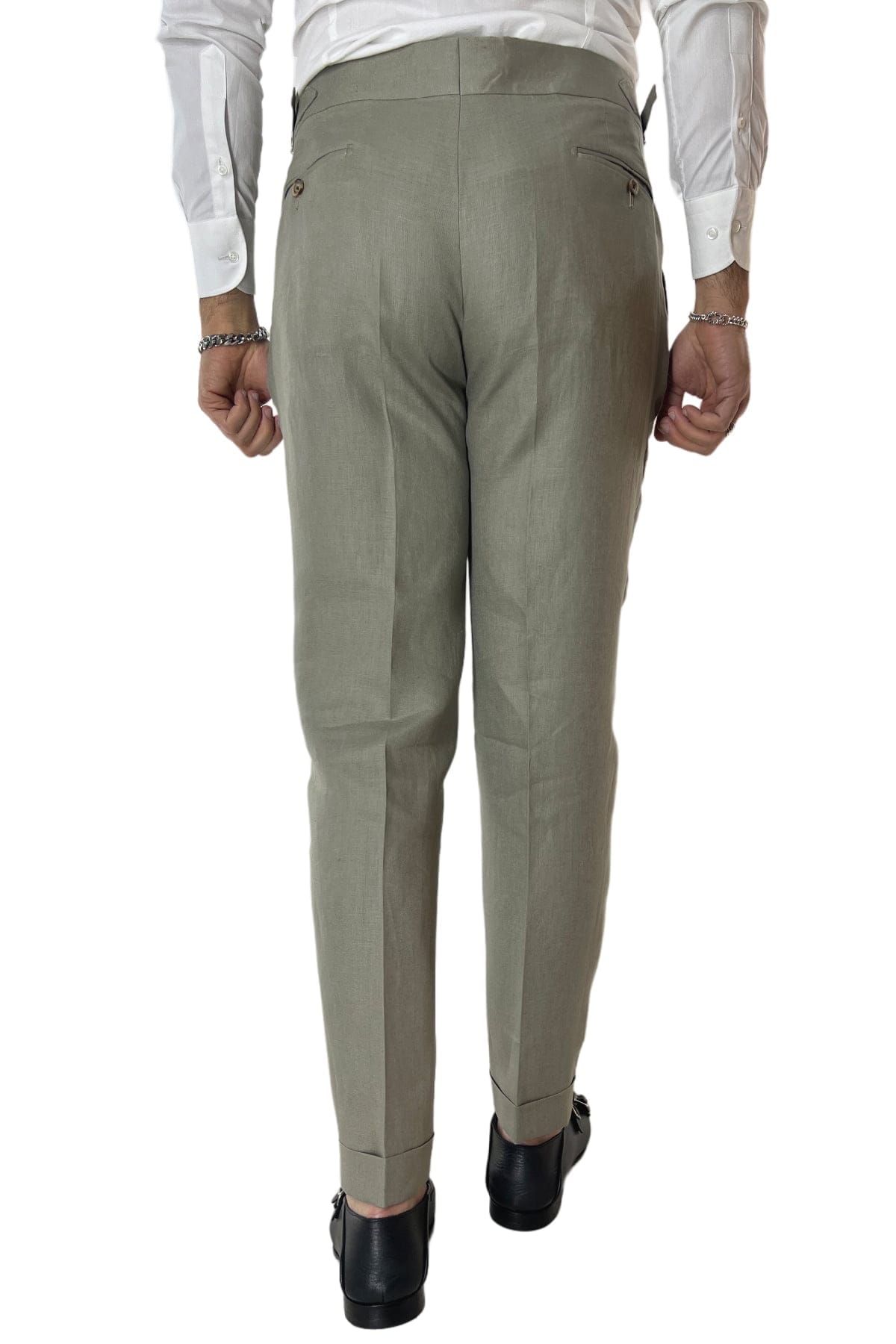 Pantalone uomo verde militare in lino 100% vita alta con pinces fibbie laterali e risvolto 4cm