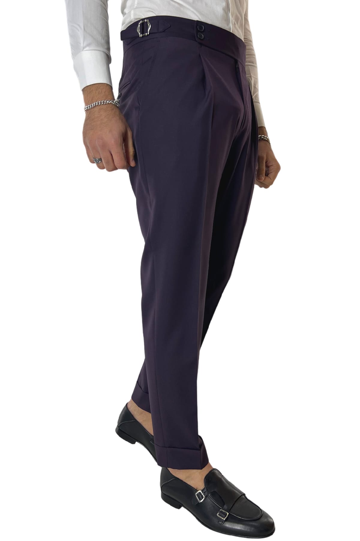 Pantalone uomo viola in fresco lana 120's Holland & Sherry vita alta con pinces fibbie laterali e risvolto 4cm