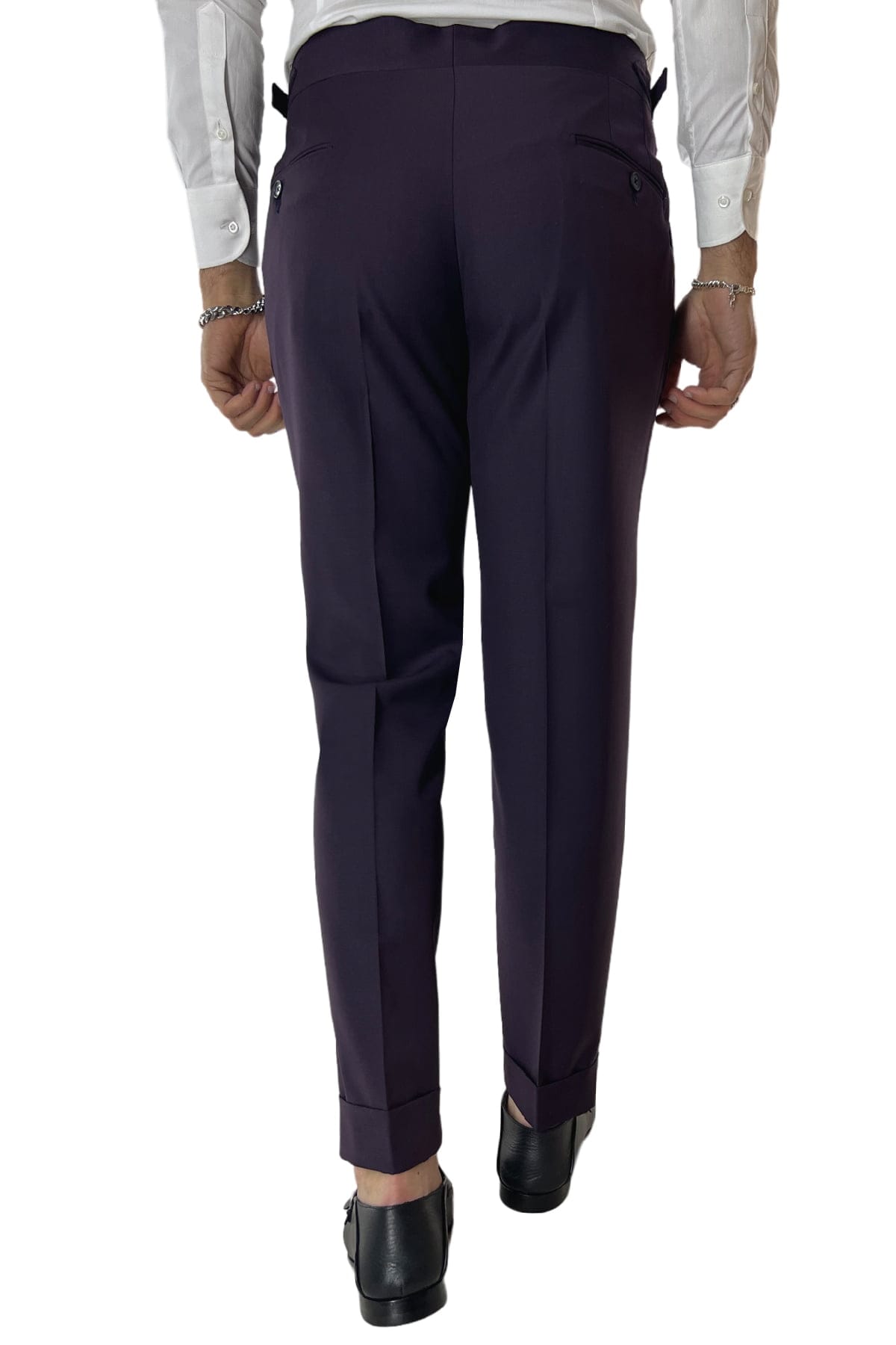 Pantalone uomo viola in fresco lana 120's Holland & Sherry vita alta con pinces fibbie laterali e risvolto 4cm