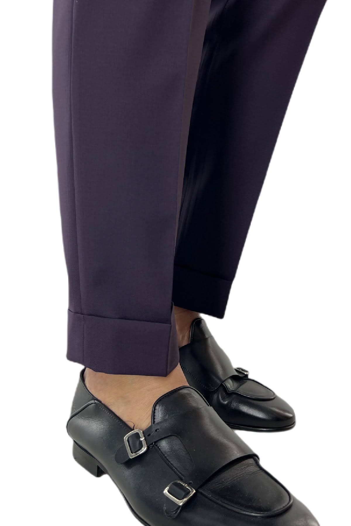 Pantalone uomo viola in fresco lana 120's Holland & Sherry vita alta con pinces fibbie laterali e risvolto 4cm