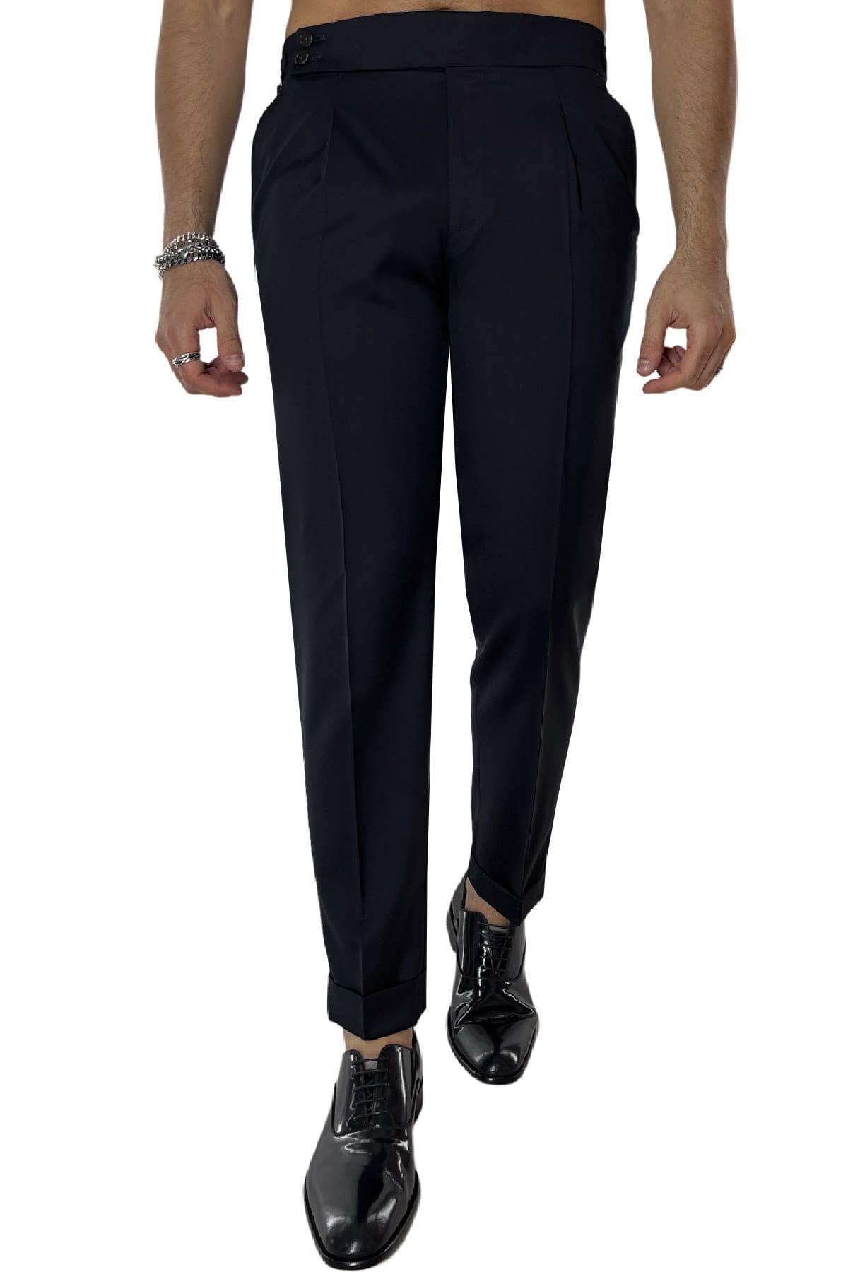 Pantalone uomo nero nido d'ape in fresco lana 240 grammi Vitale Barberis vita alta con pinces fibbie laterali e risvolto 4cm