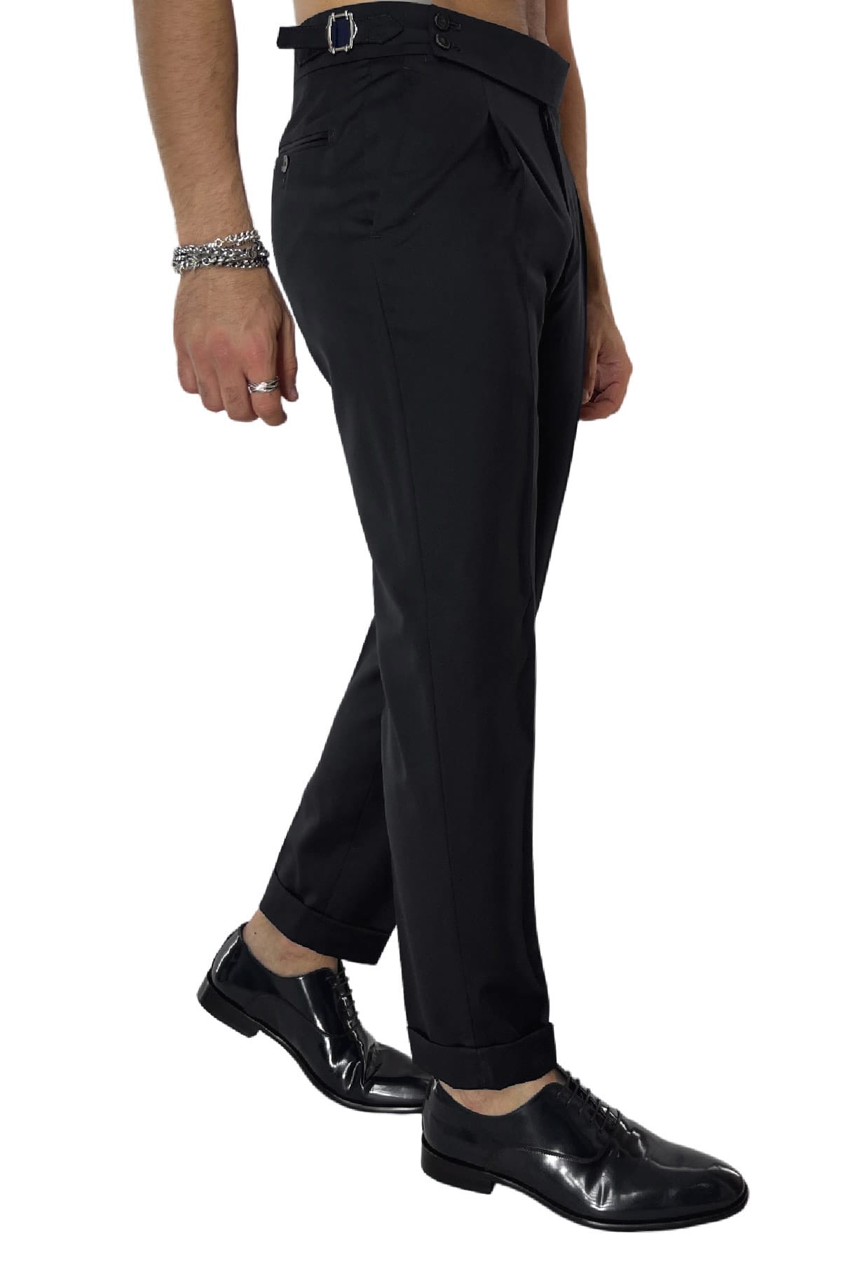 Pantalone uomo nero nido d'ape in fresco lana 240 grammi Vitale Barberis vita alta con pinces fibbie laterali e risvolto 4cm