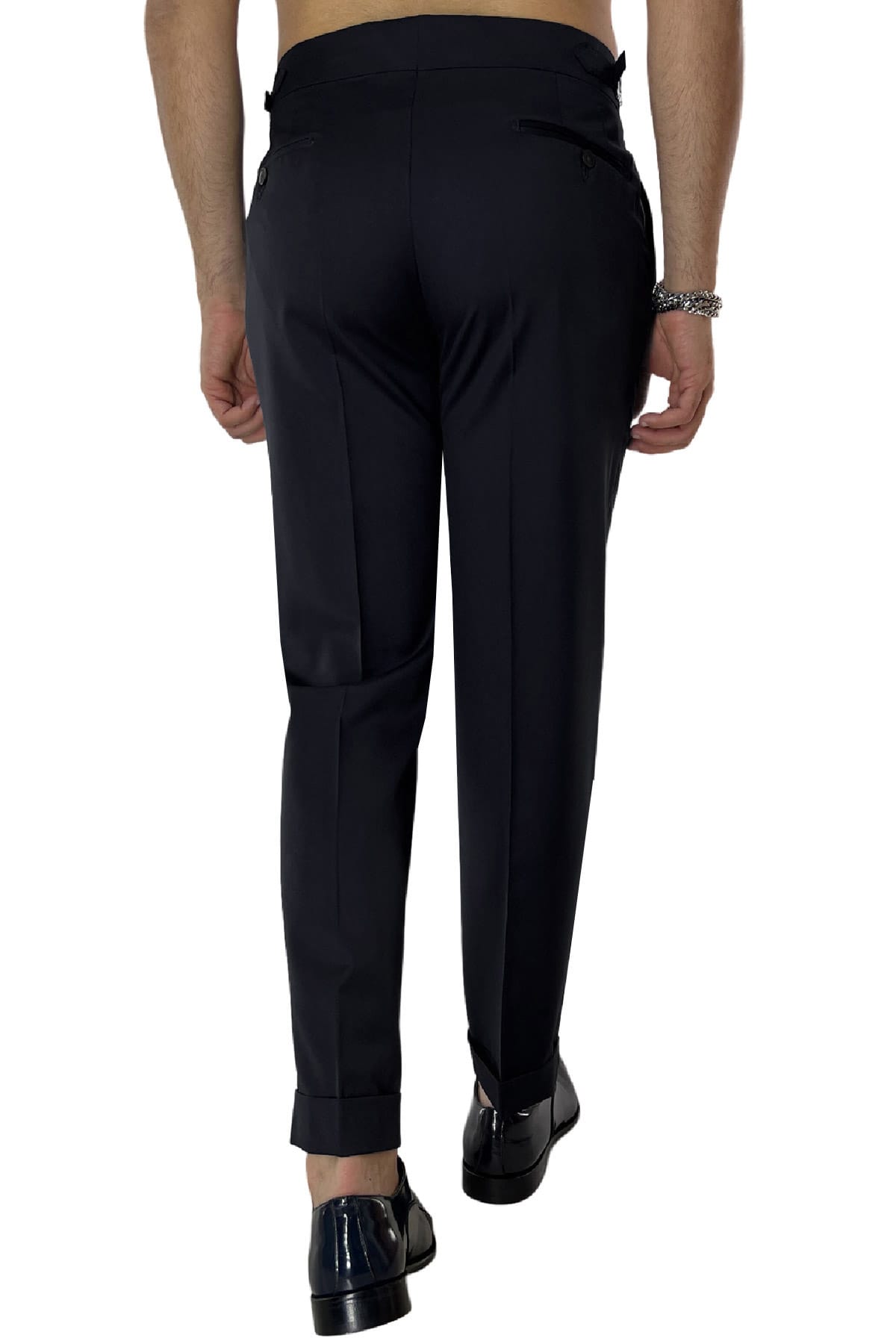 Pantalone uomo nero nido d'ape in fresco lana 240 grammi Vitale Barberis vita alta con pinces fibbie laterali e risvolto 4cm