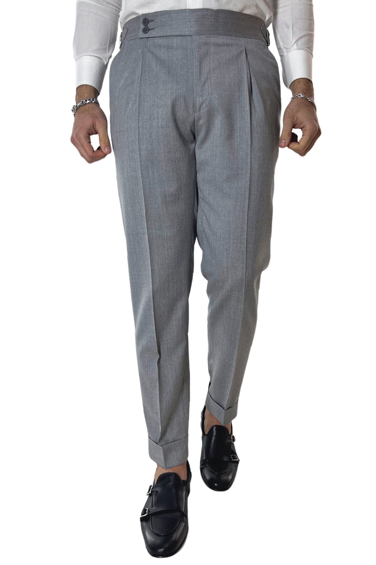 Pantalone uomo grigio chiaro fresco lana Vitale Barberis vita alta con pinces fibbie laterali e risvolto 5cm