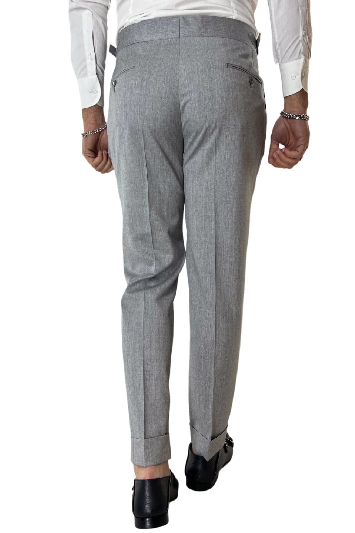 Pantalone uomo grigio chiaro fresco lana Vitale Barberis vita alta con pinces fibbie laterali e risvolto 5cm