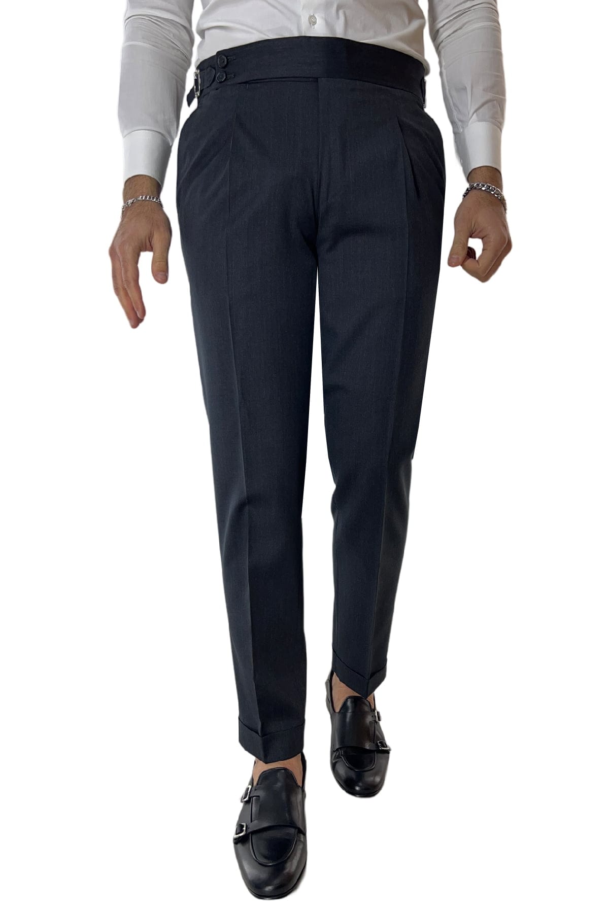 Pantalone uomo grigio scuro fresco lana Vitale Barberis vita alta con pinces fibbie laterali e risvolto 4cm