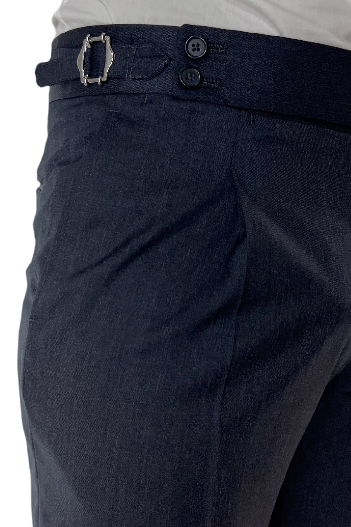 Pantalone uomo grigio scuro fresco lana Vitale Barberis vita alta con pinces fibbie laterali e risvolto 4cm