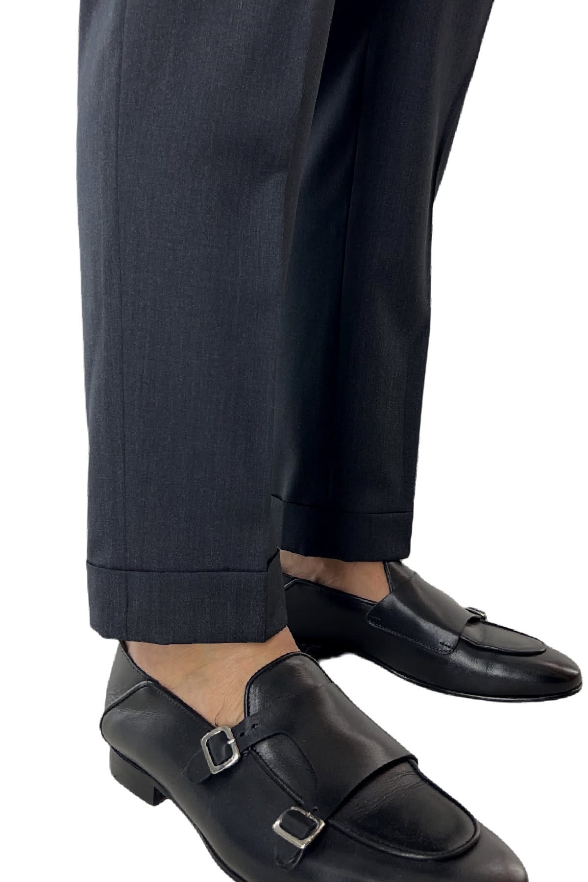 Pantalone uomo grigio scuro fresco lana Vitale Barberis vita alta con pinces fibbie laterali e risvolto 4cm