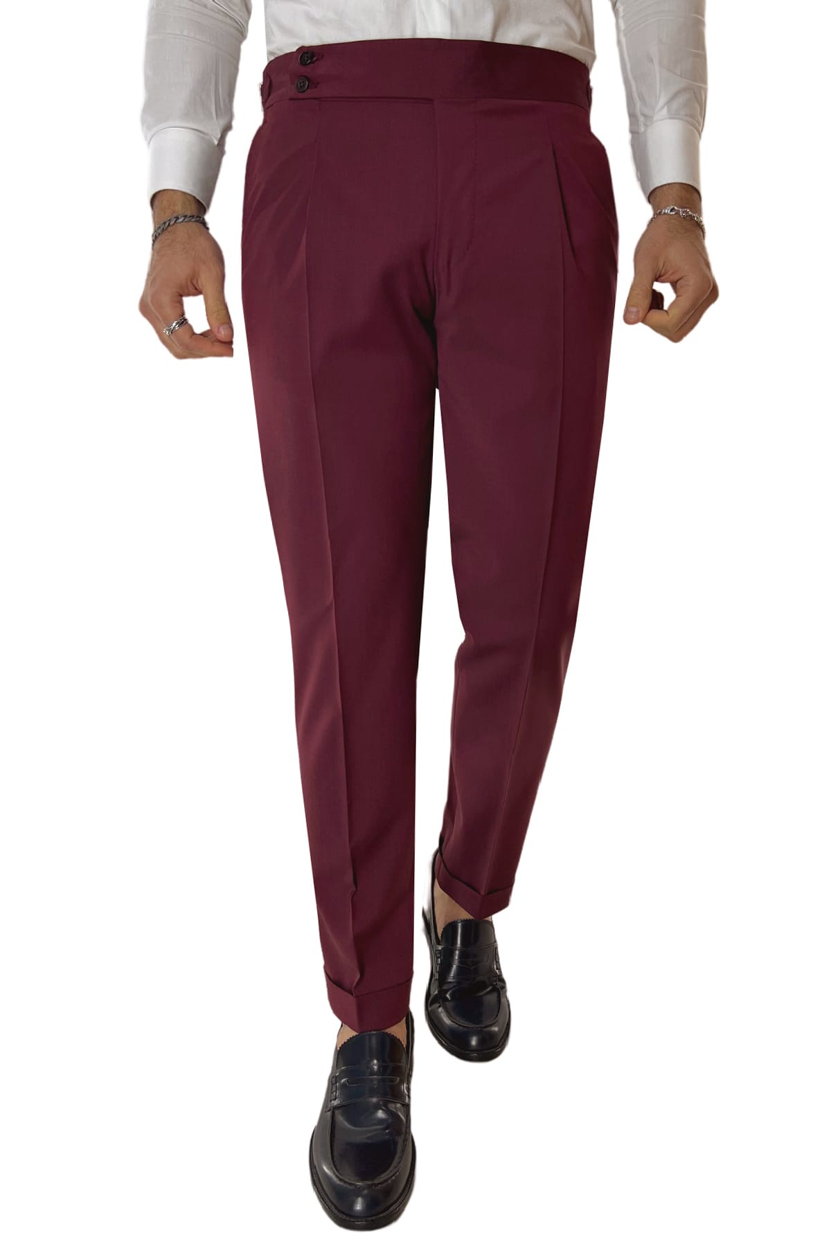 Pantalone uomo bordeaux fresco lana Vitale Barberis vita alta con pinces fibbie laterali e risvolto 4cm