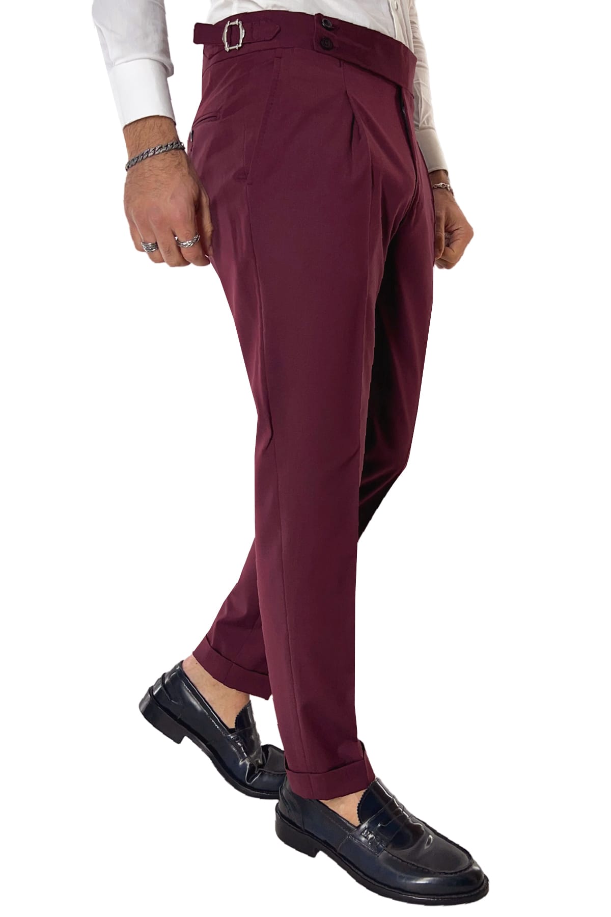 Pantalone uomo bordeaux fresco lana Vitale Barberis vita alta con pinces fibbie laterali e risvolto 4cm