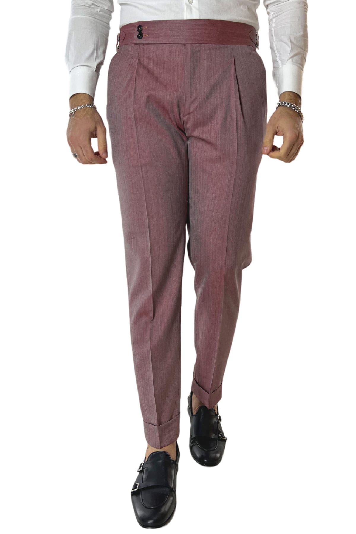 Pantalone uomo Bordeaux Solaro in fresco lana e seta Holland & Sherry vita alta con pinces fibbie laterali e risvolto 4cm