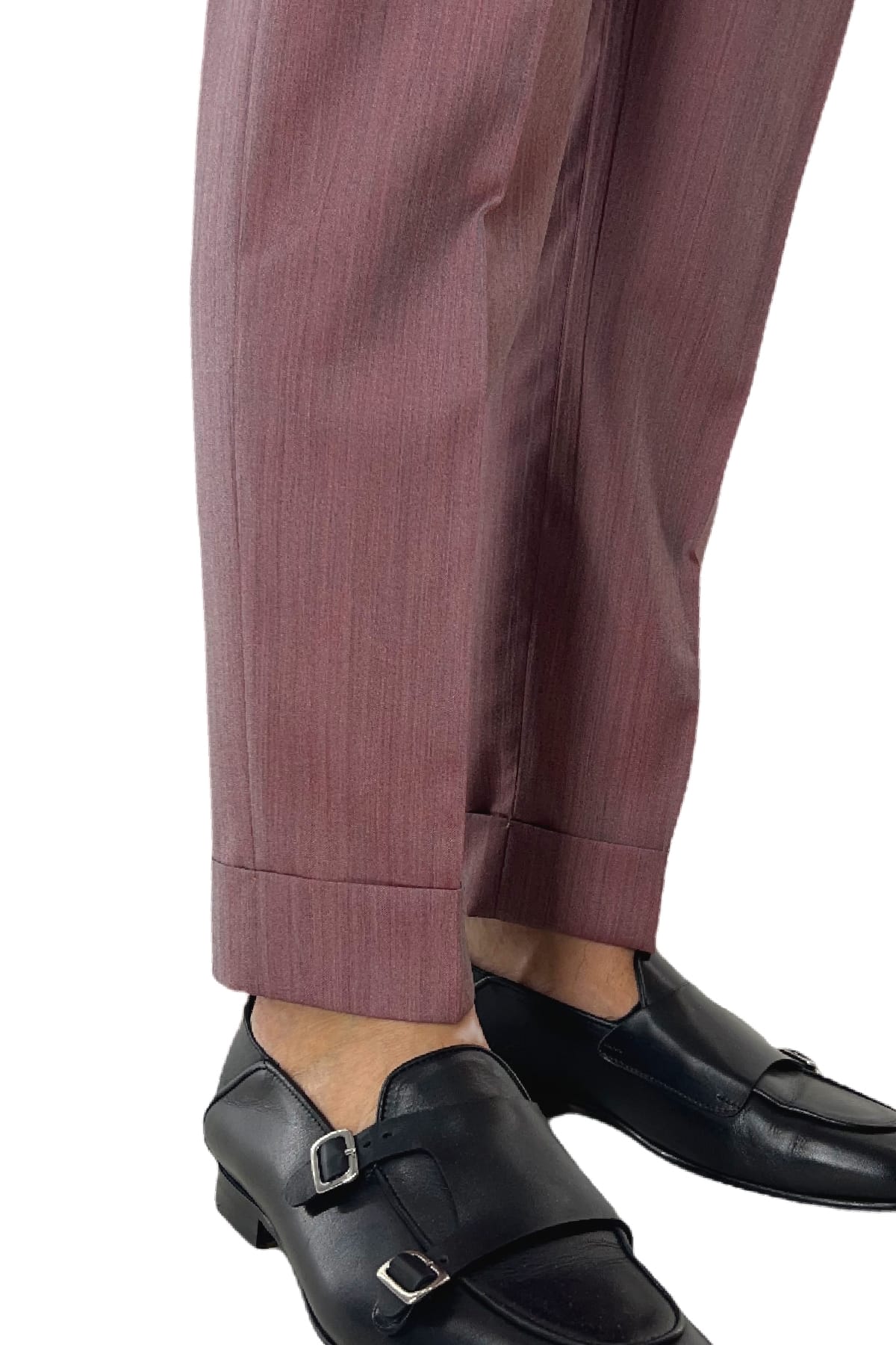 Pantalone uomo Bordeaux Solaro in fresco lana e seta Holland & Sherry vita alta con pinces fibbie laterali e risvolto 4cm