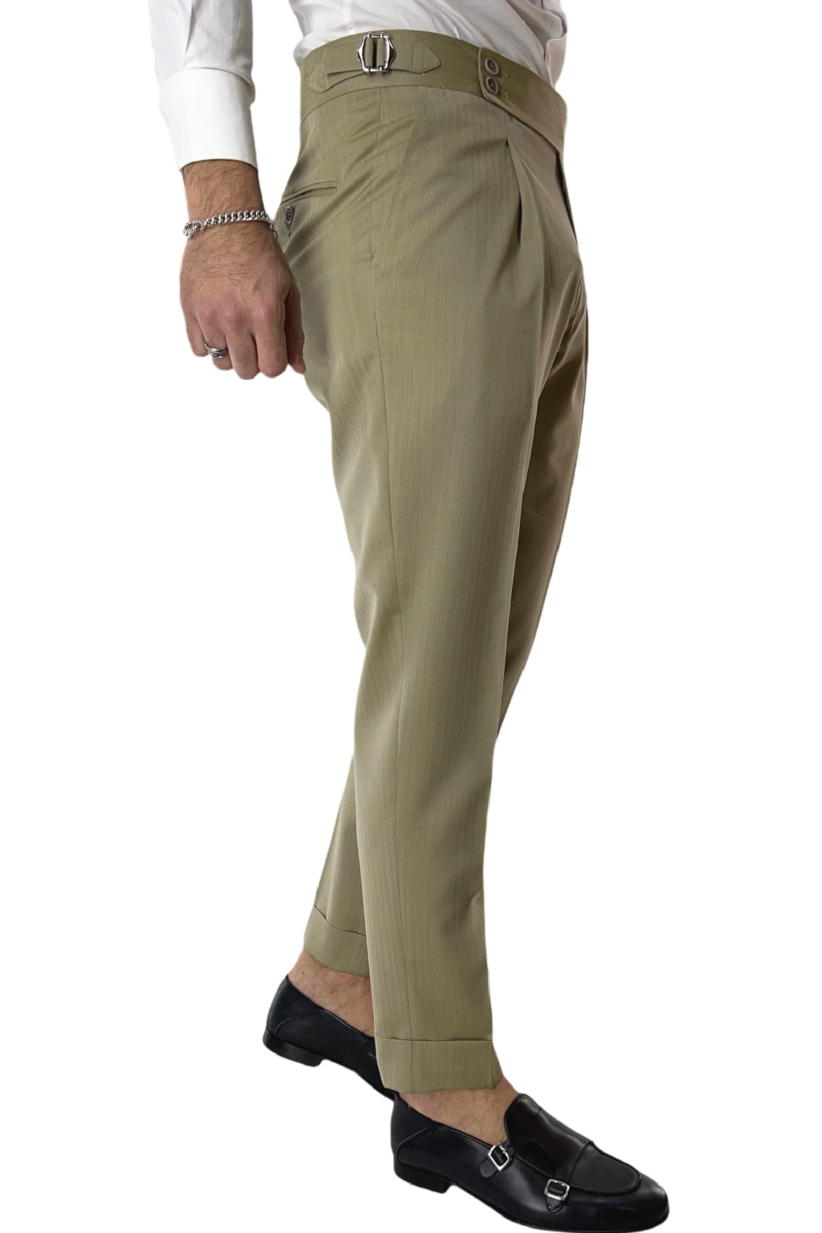 Pantalone uomo Verde Chiaro Solaro in fresco lana e seta Holland & Sherry vita alta con pinces fibbie laterali e risvolto 4cm