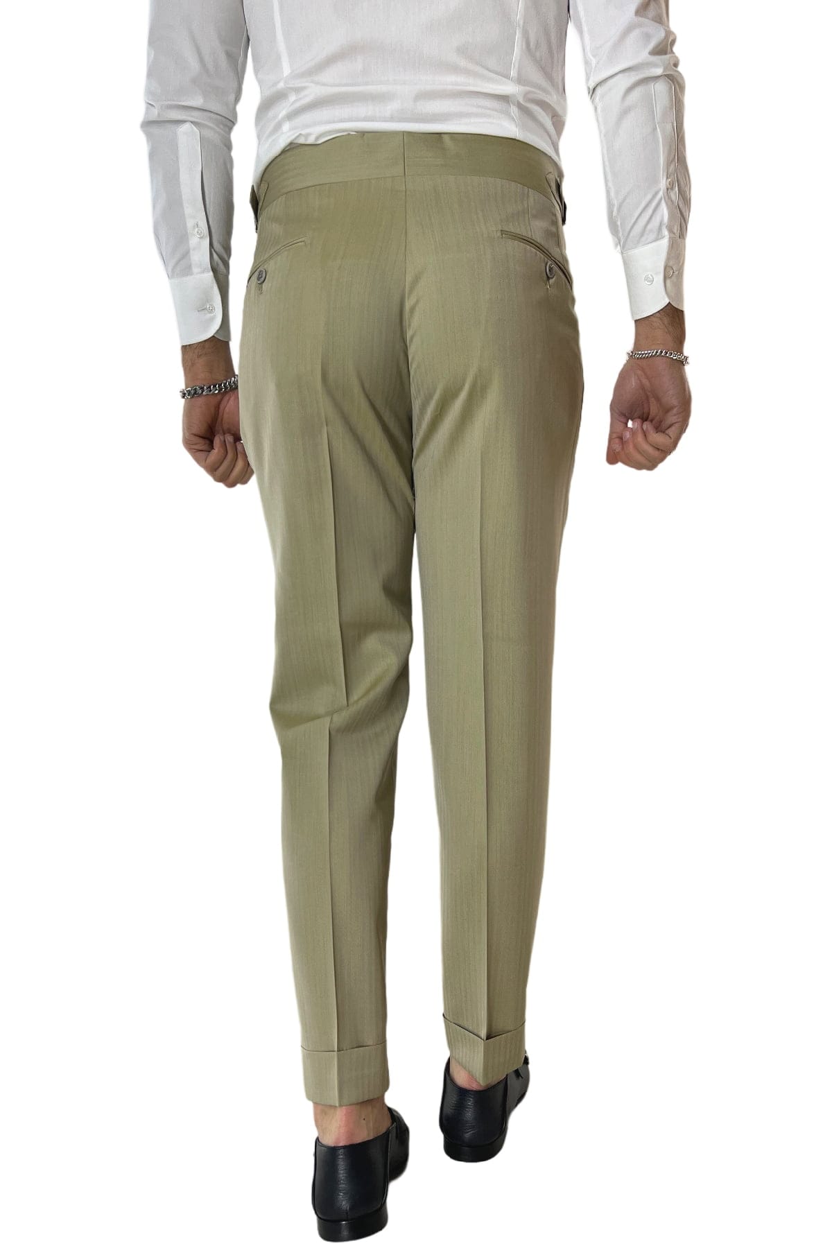 Pantalone uomo Verde Chiaro Solaro in fresco lana e seta Holland & Sherry vita alta con pinces fibbie laterali e risvolto 4cm