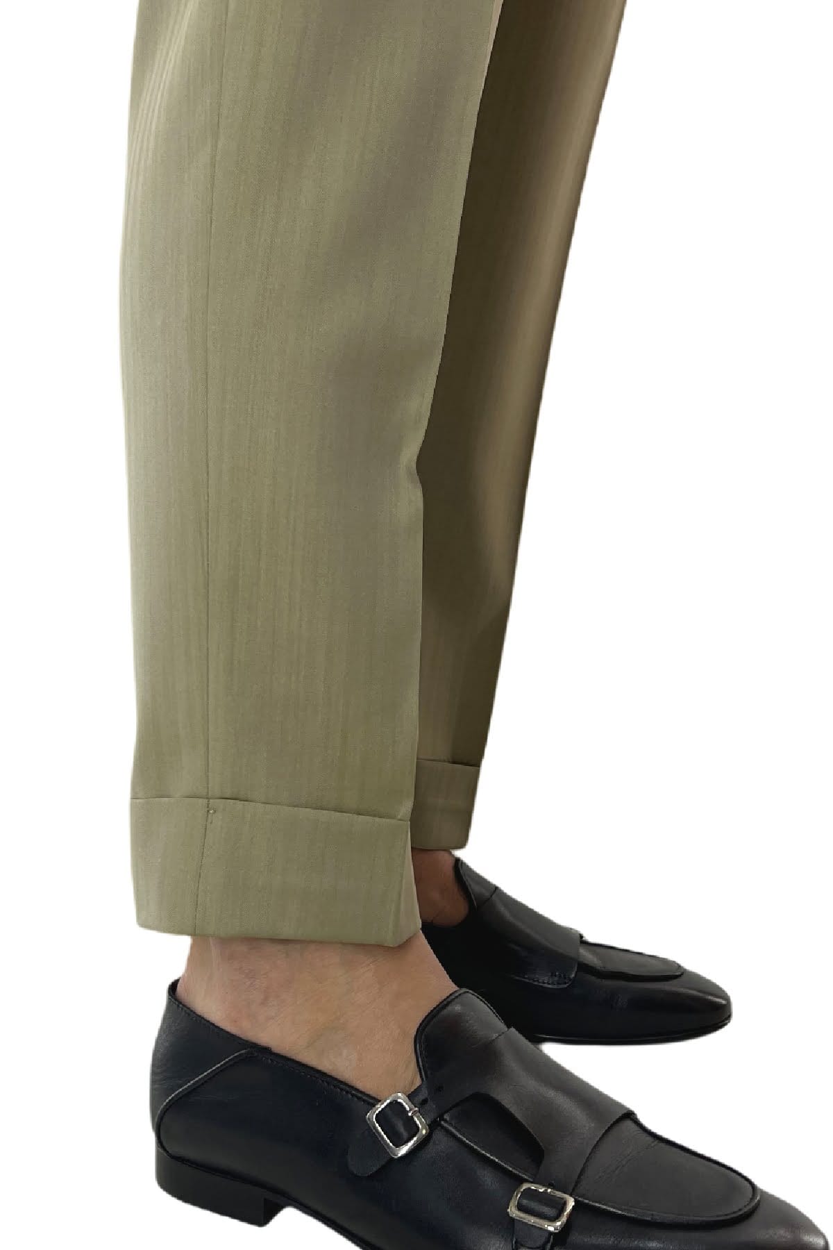 Pantalone uomo Verde Chiaro Solaro in fresco lana e seta Holland & Sherry vita alta con pinces fibbie laterali e risvolto 4cm